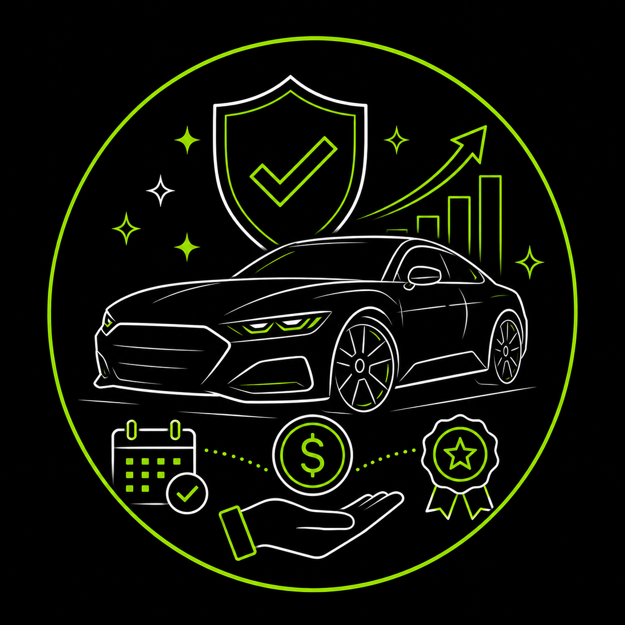 Neon green line art of a sports car with shield, safety, and finance icons on a black background
