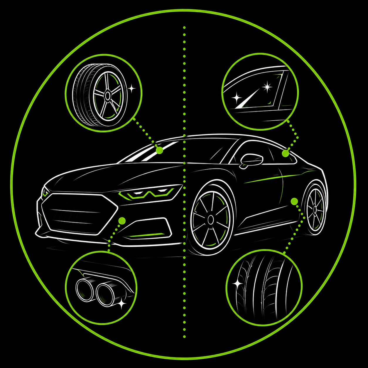 Outlined black sports car with neon green accents, surrounded by circular icons of its wheels, windshield, exhaust, and grille.