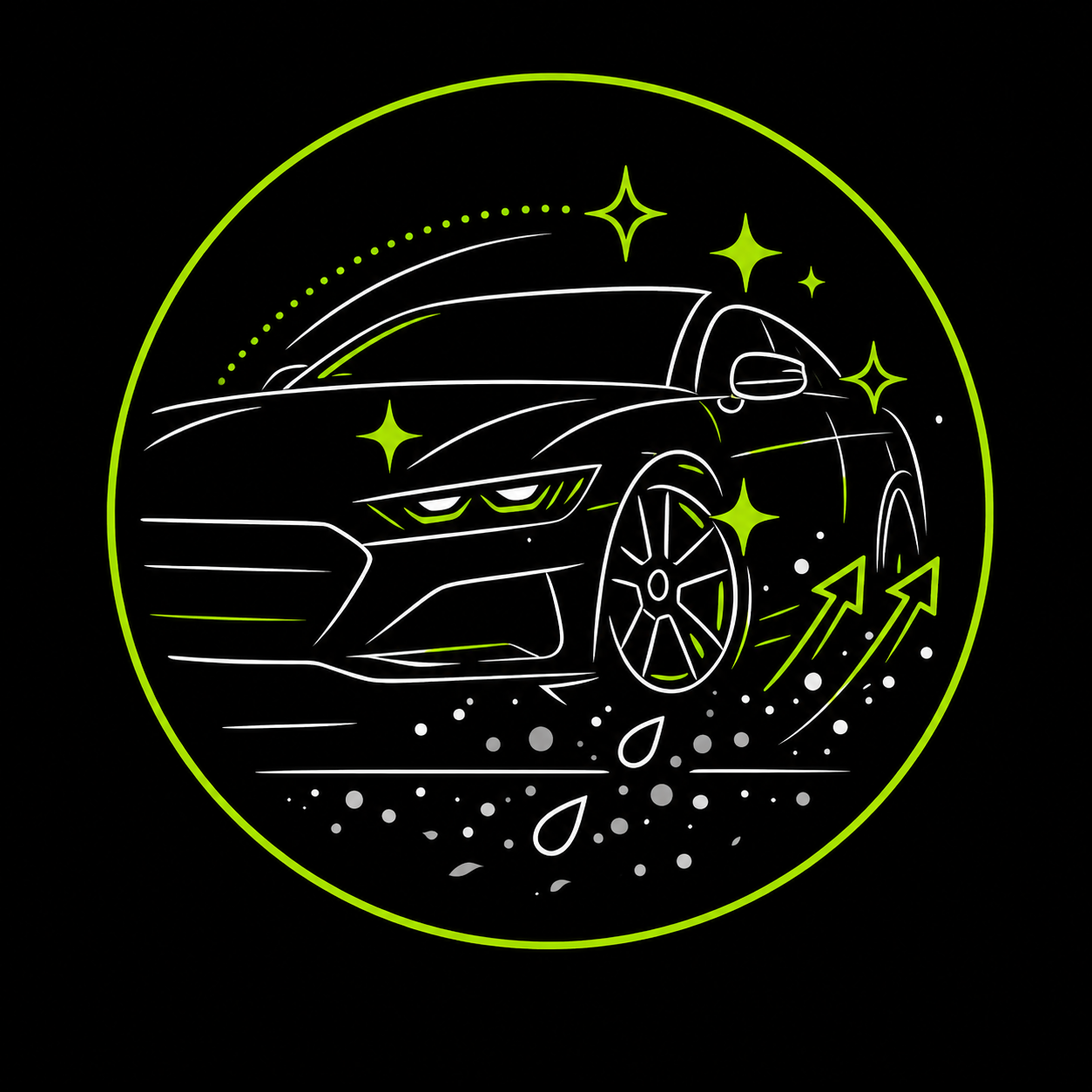 Neon green outline of a sleek sports car in a circular emblem on a black background, with sparkles and motion arrows