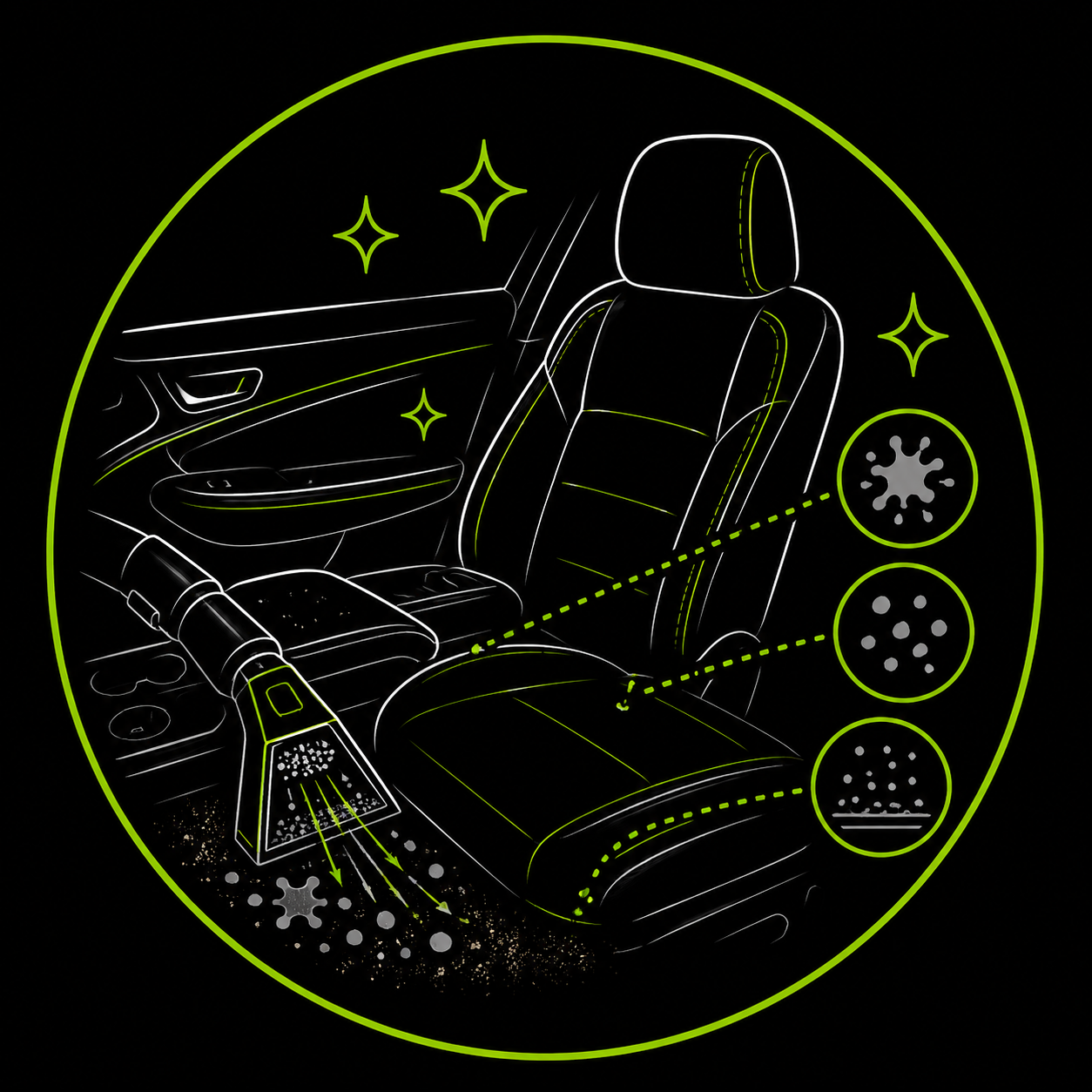 Stylized car interior with glowing stars and circular detail icons on a black background