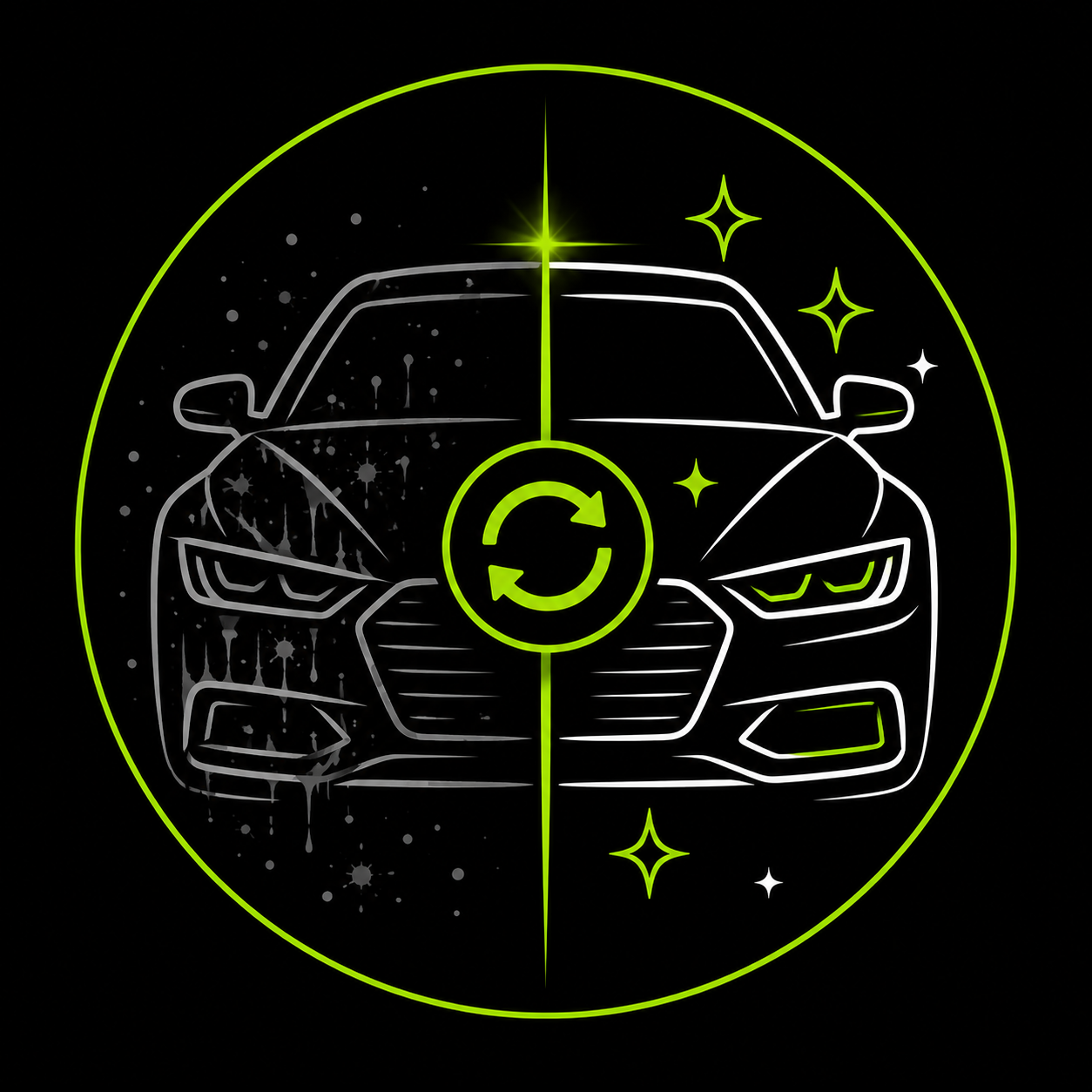 Neon line-art car icon with a green circular refresh symbol on a black background.