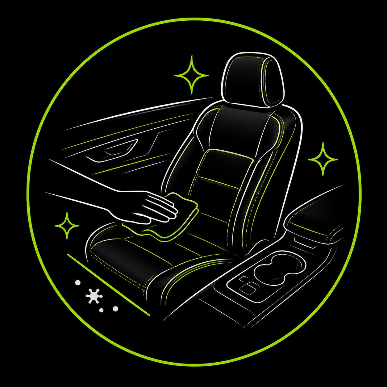 Neon-style car interior detailing with a hand wiping the front seat and sparkling accents