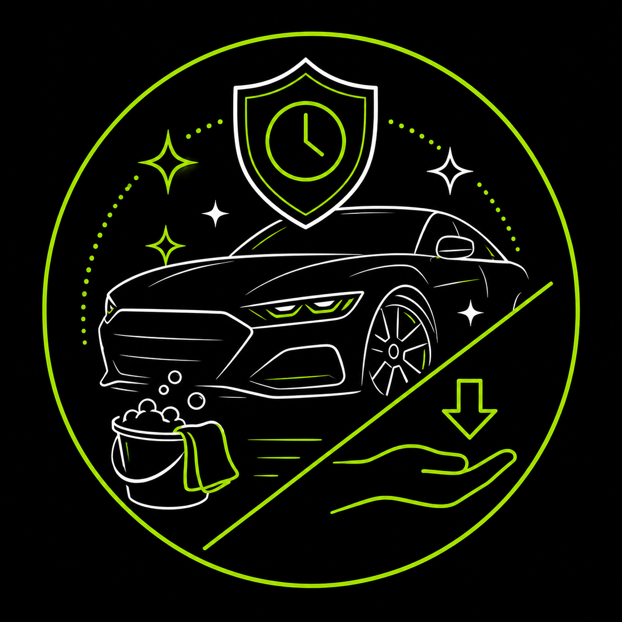 Black car care icon with shield, clock, wash bucket, and hand, suggesting protected detailing and maintenance