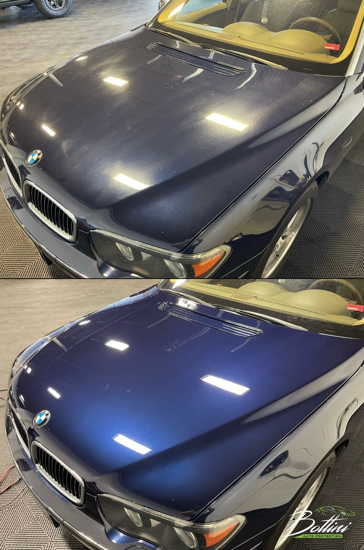 Hands in black gloves use an electric polisher with a red pad on the bright blue hood of a car.