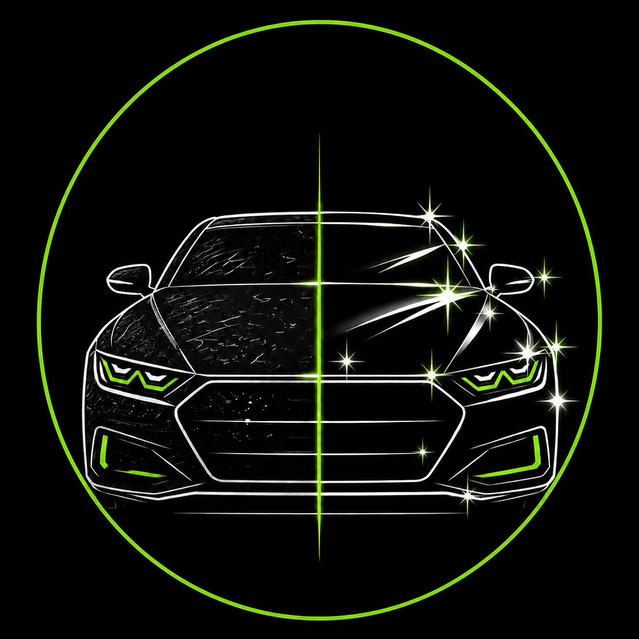Neon green outline of a sports car front view inside a circle on a black background, with sparkles on the right.