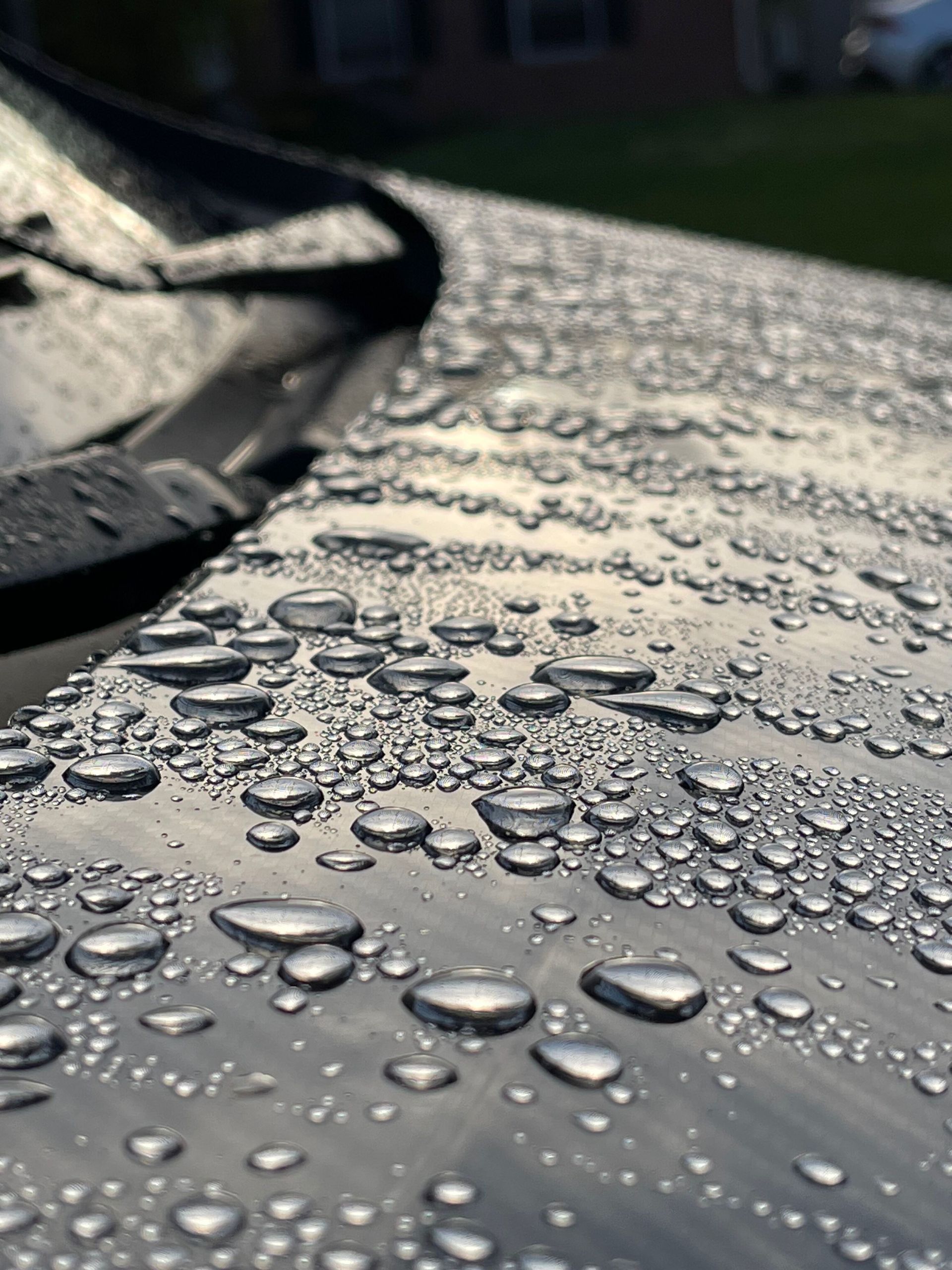 Raindrops bead on the dark surface of a car hood near the windshield wipers.