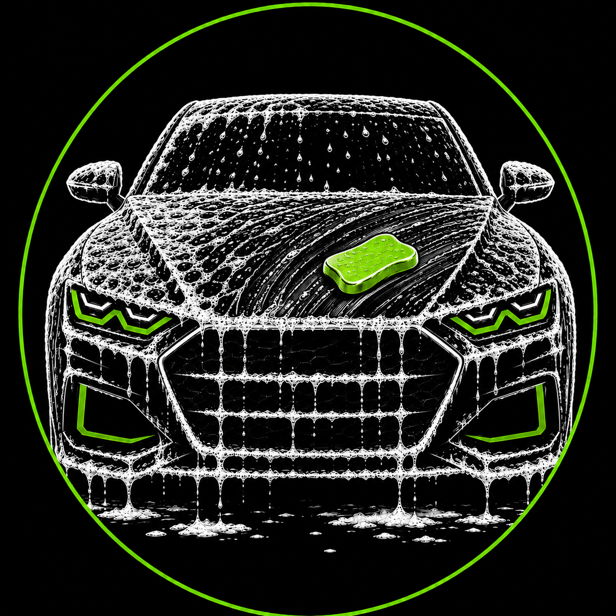 Neon green outlined sports car on black background, stylized front view in a circular frame