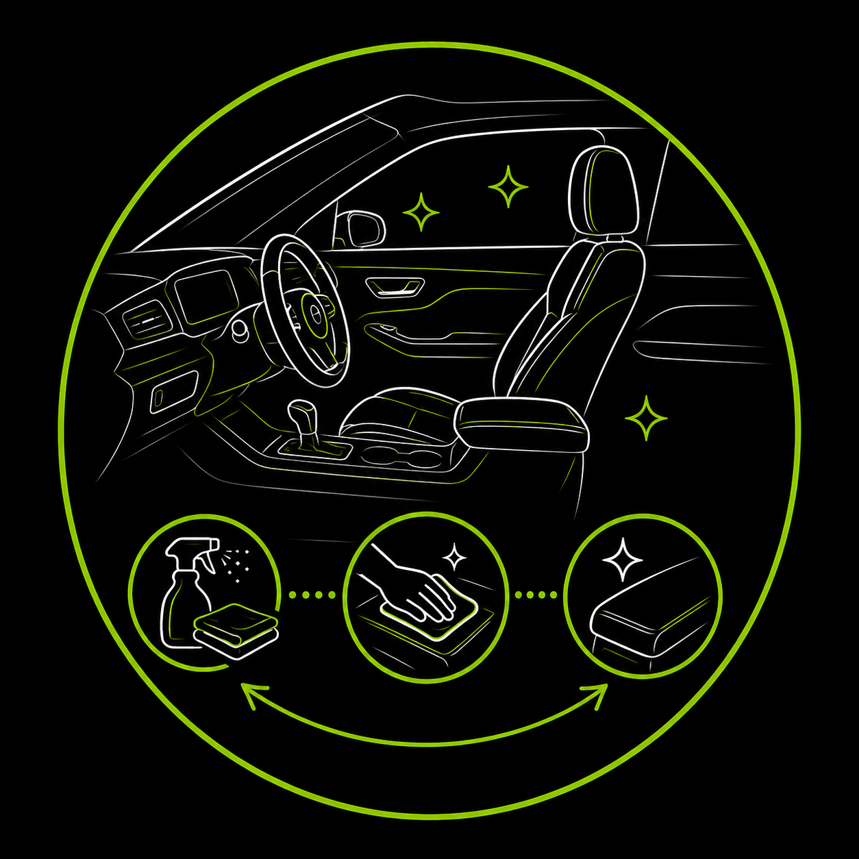Neon line art of a car interior with cleaning icons and circular arrows, suggesting upholstery detailing.