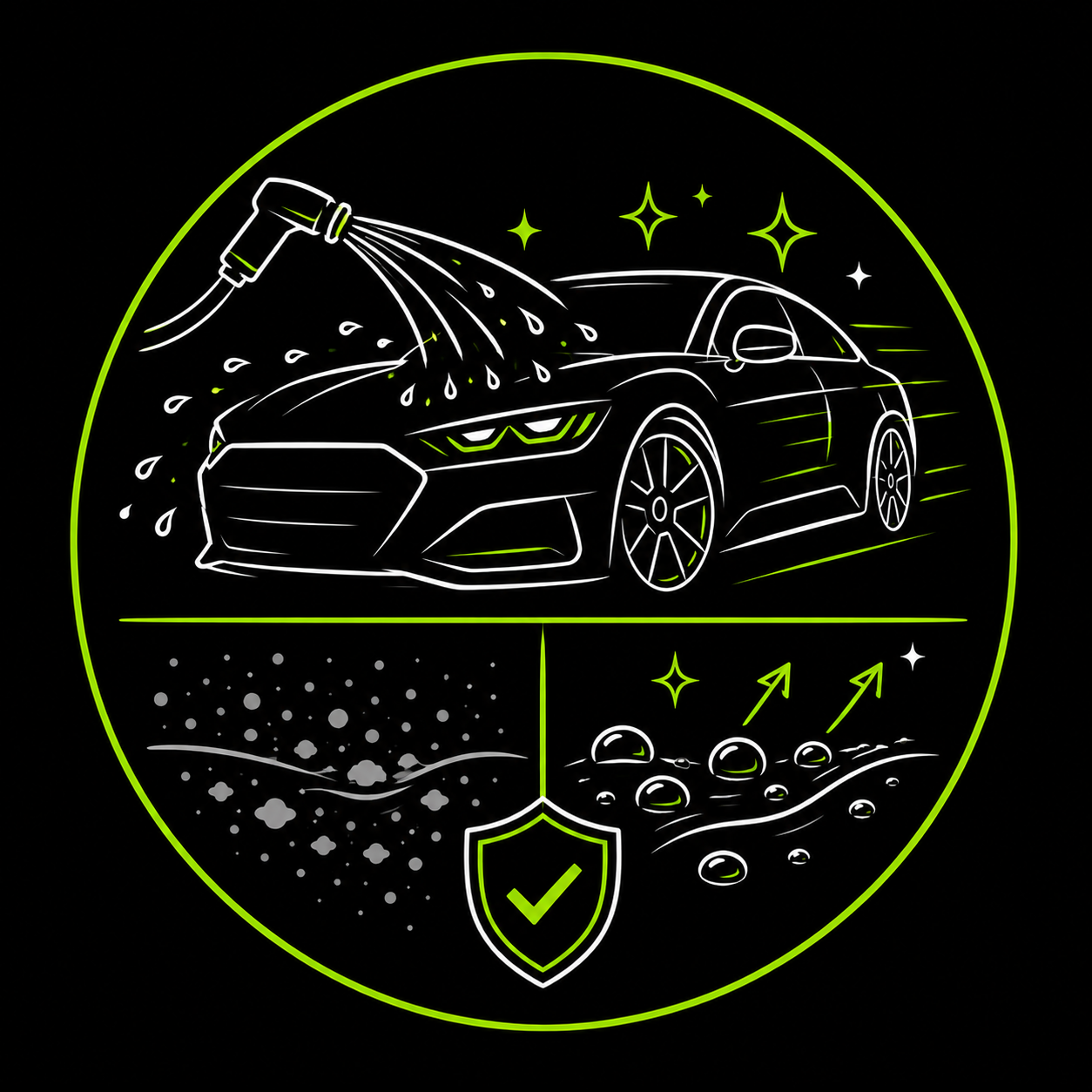Neon-green car wash icon: sports car being sprayed, with water, shield, and cleaning symbols on black.