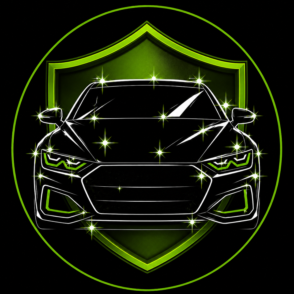 Neon green outline of a sports car inside a shield emblem on a black background