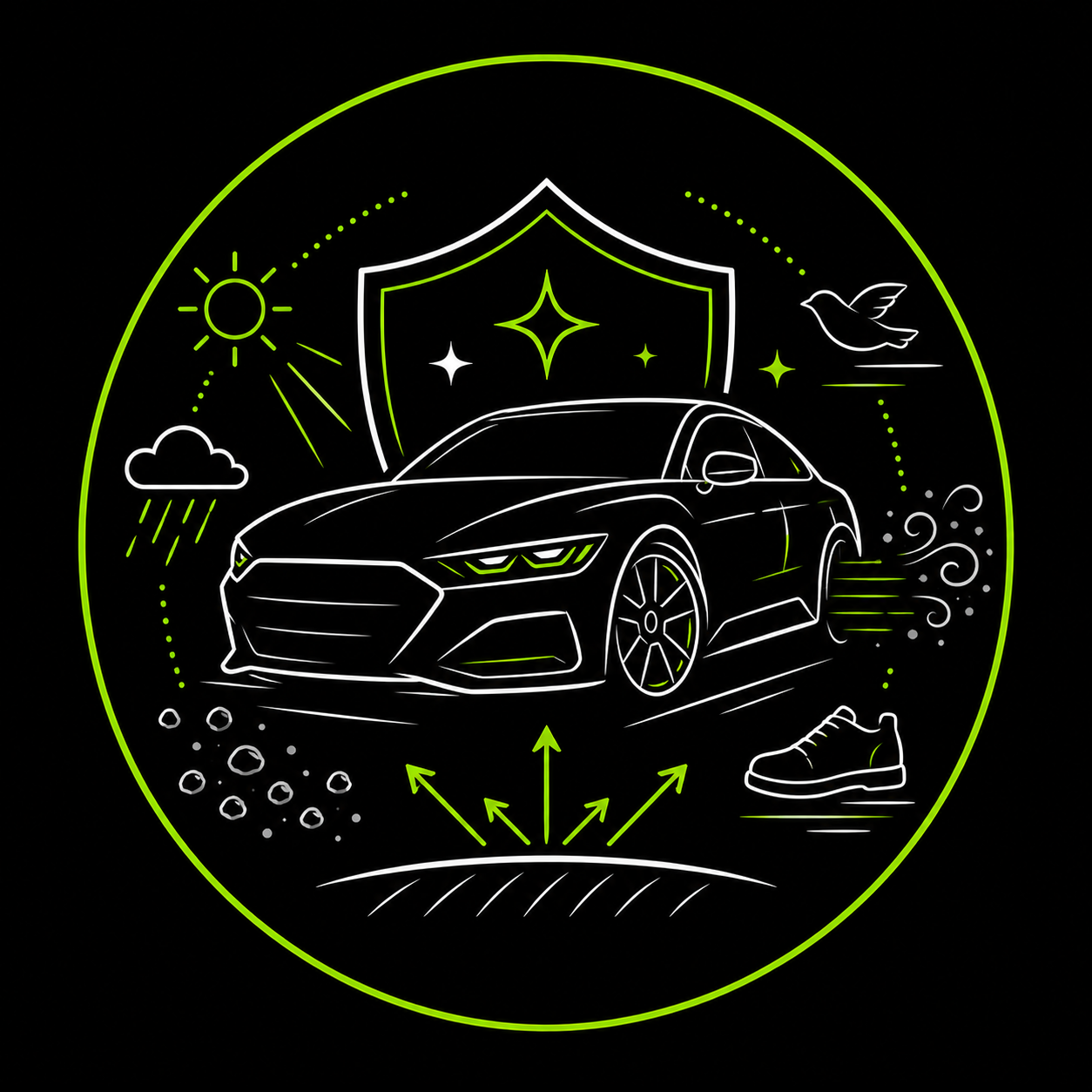 Black sports car in neon line art with shield, stars, and weather icons on a circular green background