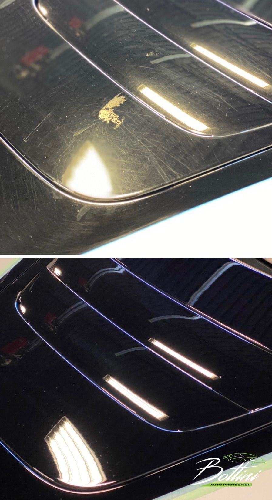 Close-up of a black car hood with bright reflections and visible scratches or swirl marks.