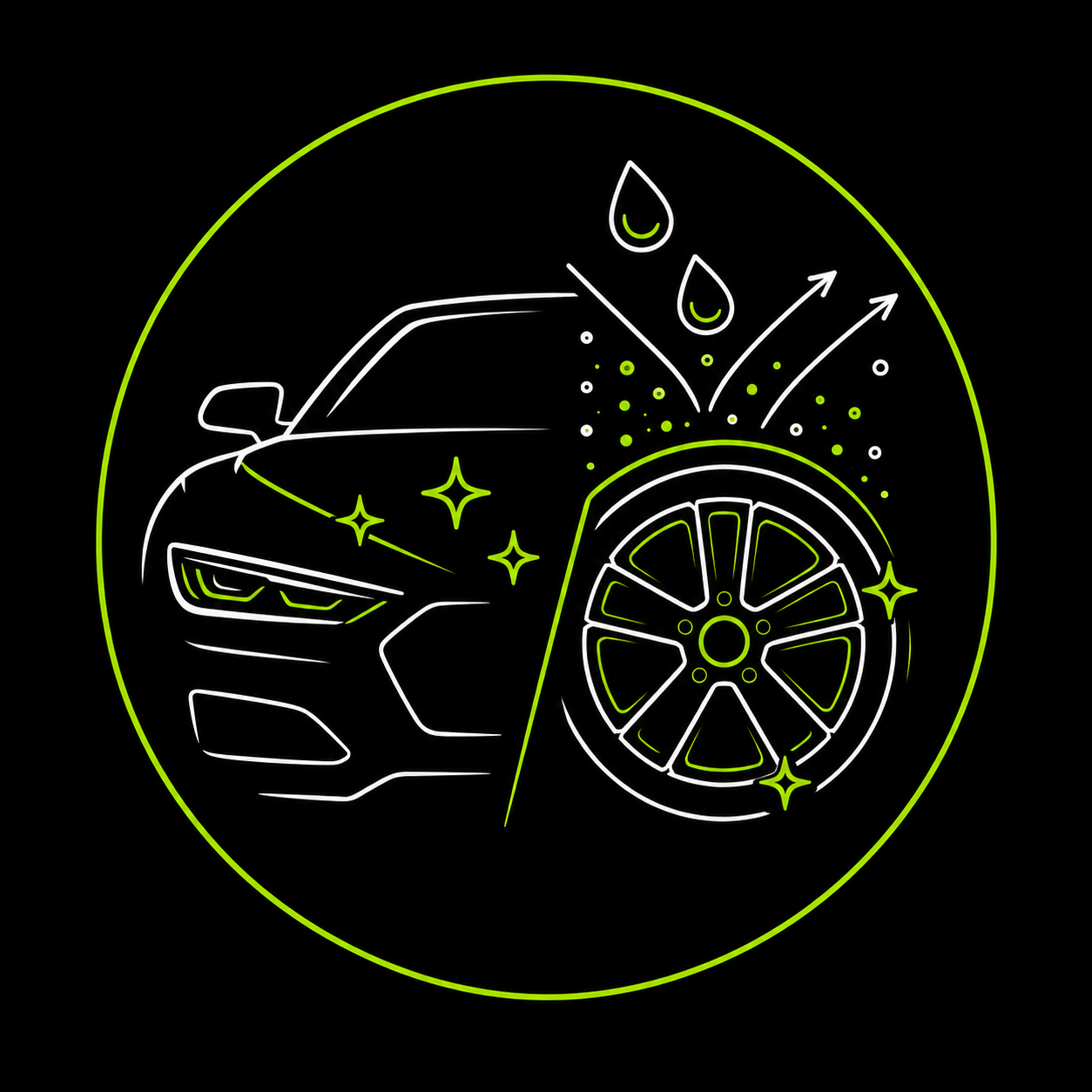 Neon outline of a car front and wheel with water drops, sparkles, and circular border on black background