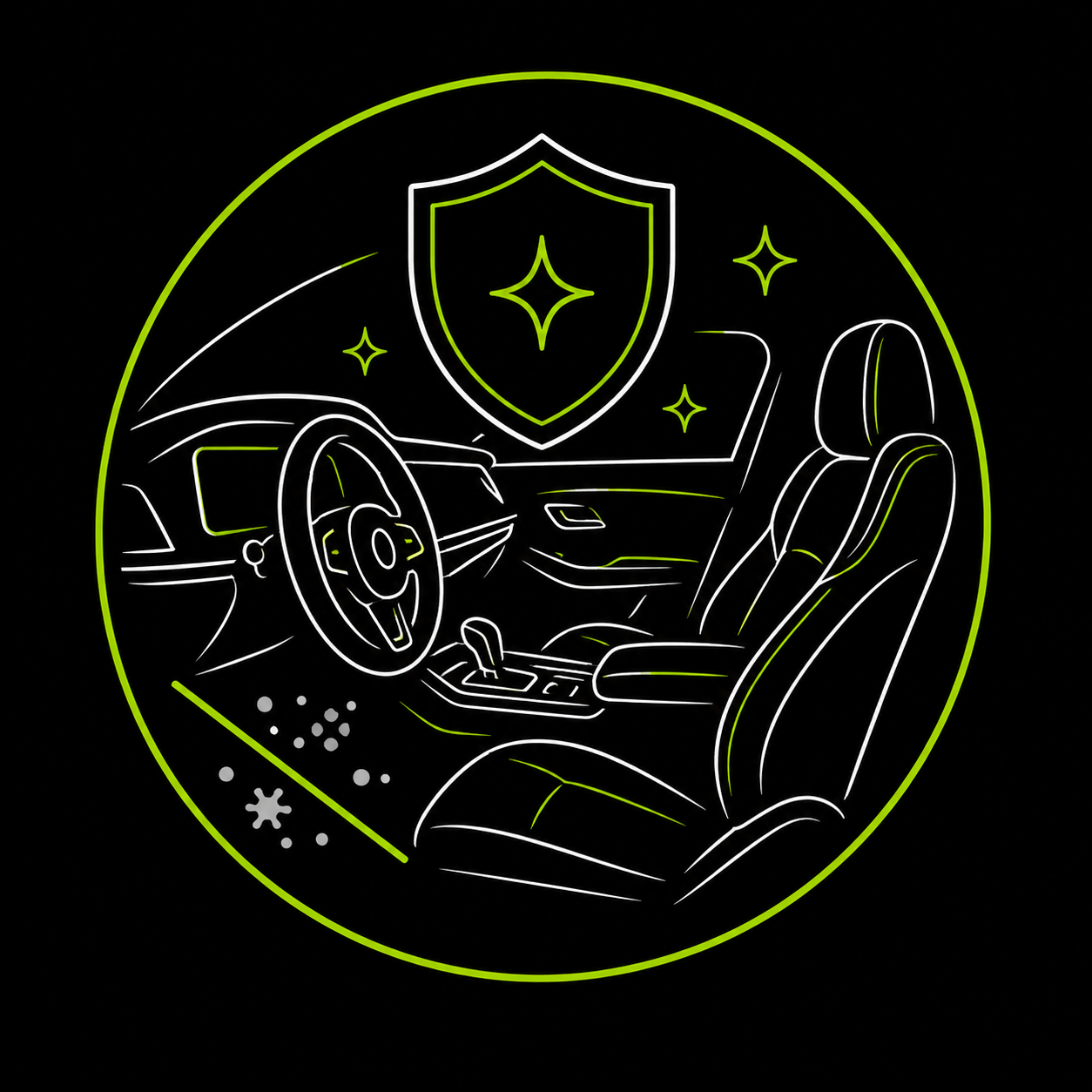 Neon line art of a car interior with steering wheel, seats, and a shield icon, on black background.