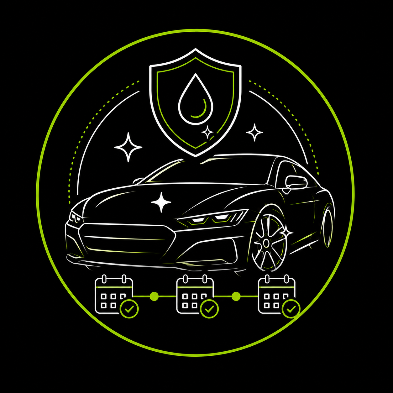 Black car under a shield and water drop, with calendar icons and check marks on a dark background.