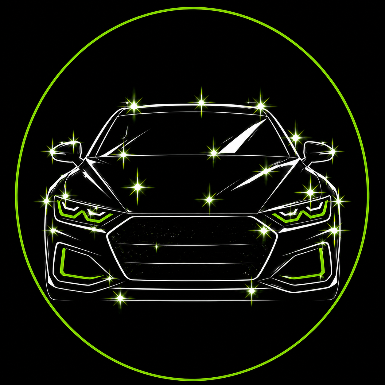 Neon green outline of a sports car with sparkling accents on a black background inside a green circle