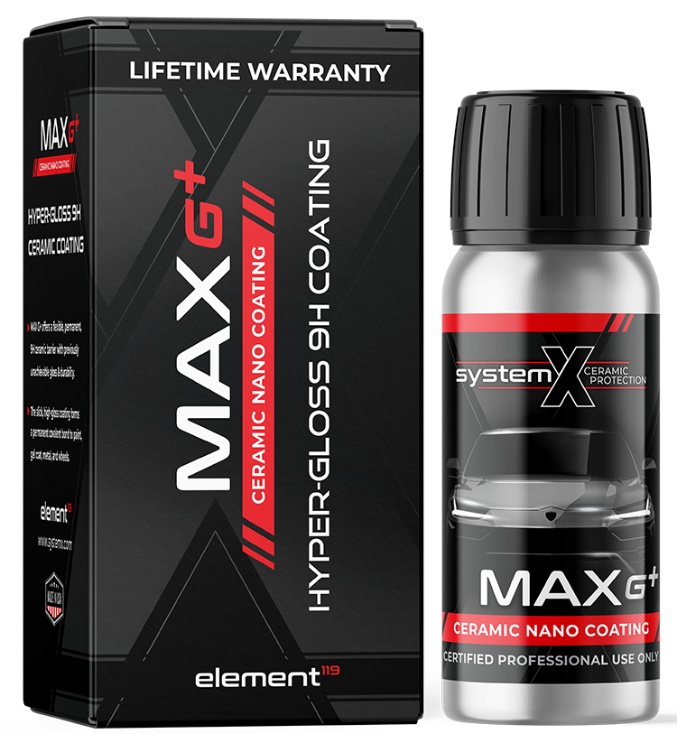 Max G+ hyper gloss coating bottle and black box packaging with red accents