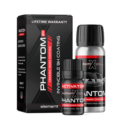 Phantom 2K ceramic windshield coating kit with black and red bottles and box
