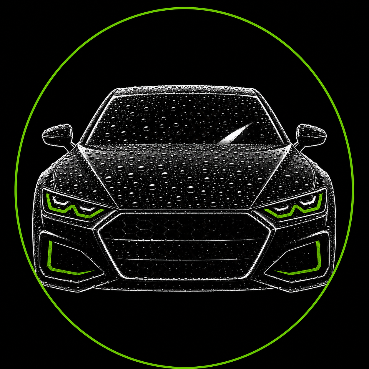 Front view of a black sports car outlined in neon green inside a green circle on a black background