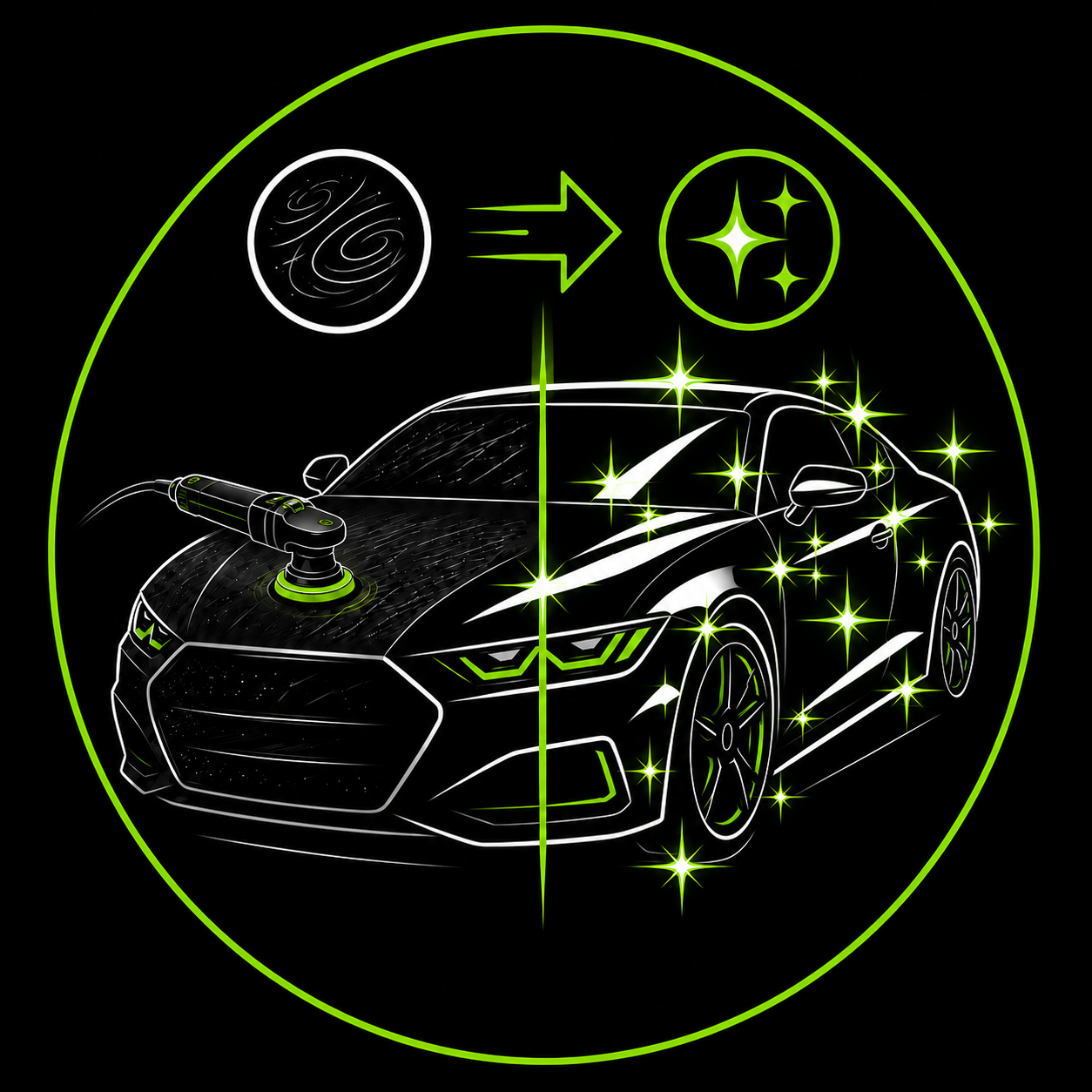 Black car being polished, split before-and-after with green sparkle effects in a circular icon.
