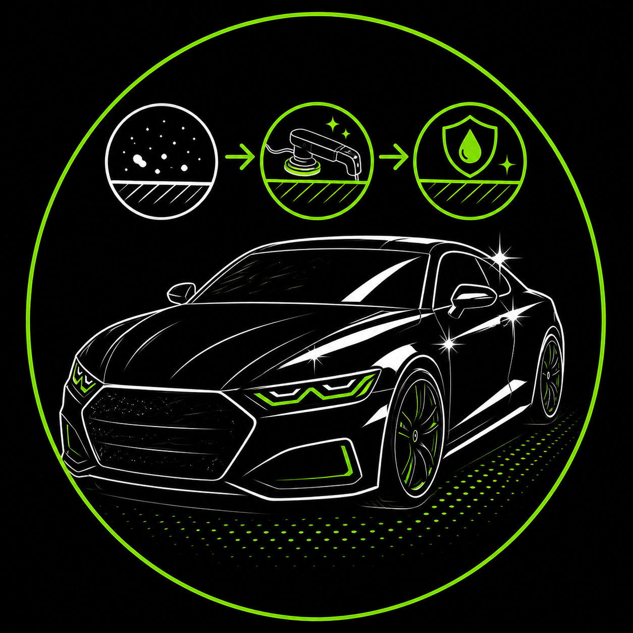 Neon green line-art sports car with eco icons inside a green circle on black background