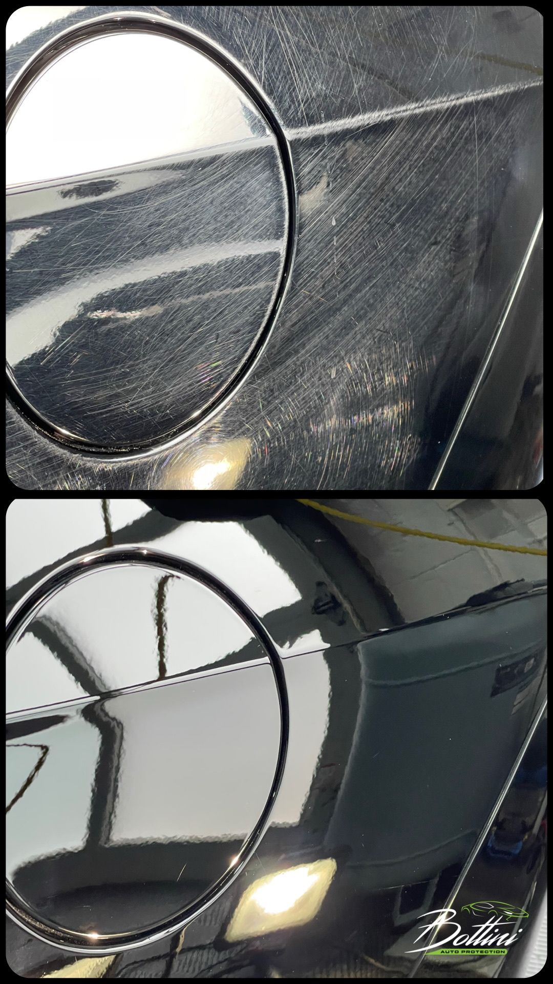 A close-up of a person in black gloves using a yellow rotary buffer to polish the dark, glossy surface of a car.