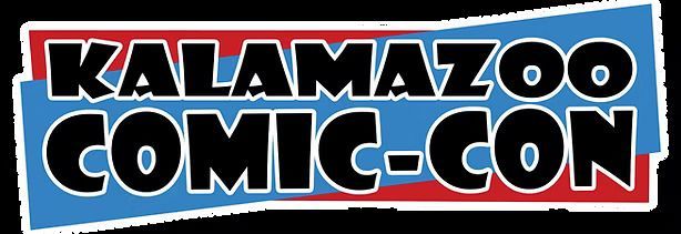 The logo for Kalamazoo Comic-Con, featuring bold black text on a layered red and blue background.