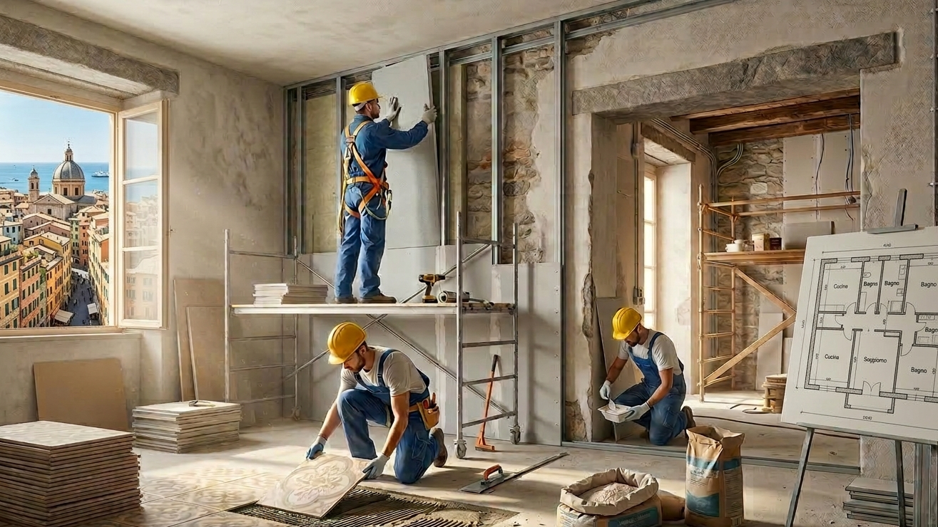 Gli operai edili stanno ristrutturando un ambiente interno: una persona installa i pannelli a parete e due lavorano sul pavimento.