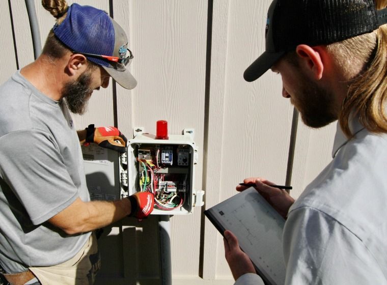 Two men are working on an electrical box - Milton, FL - Damn Fine Jobs