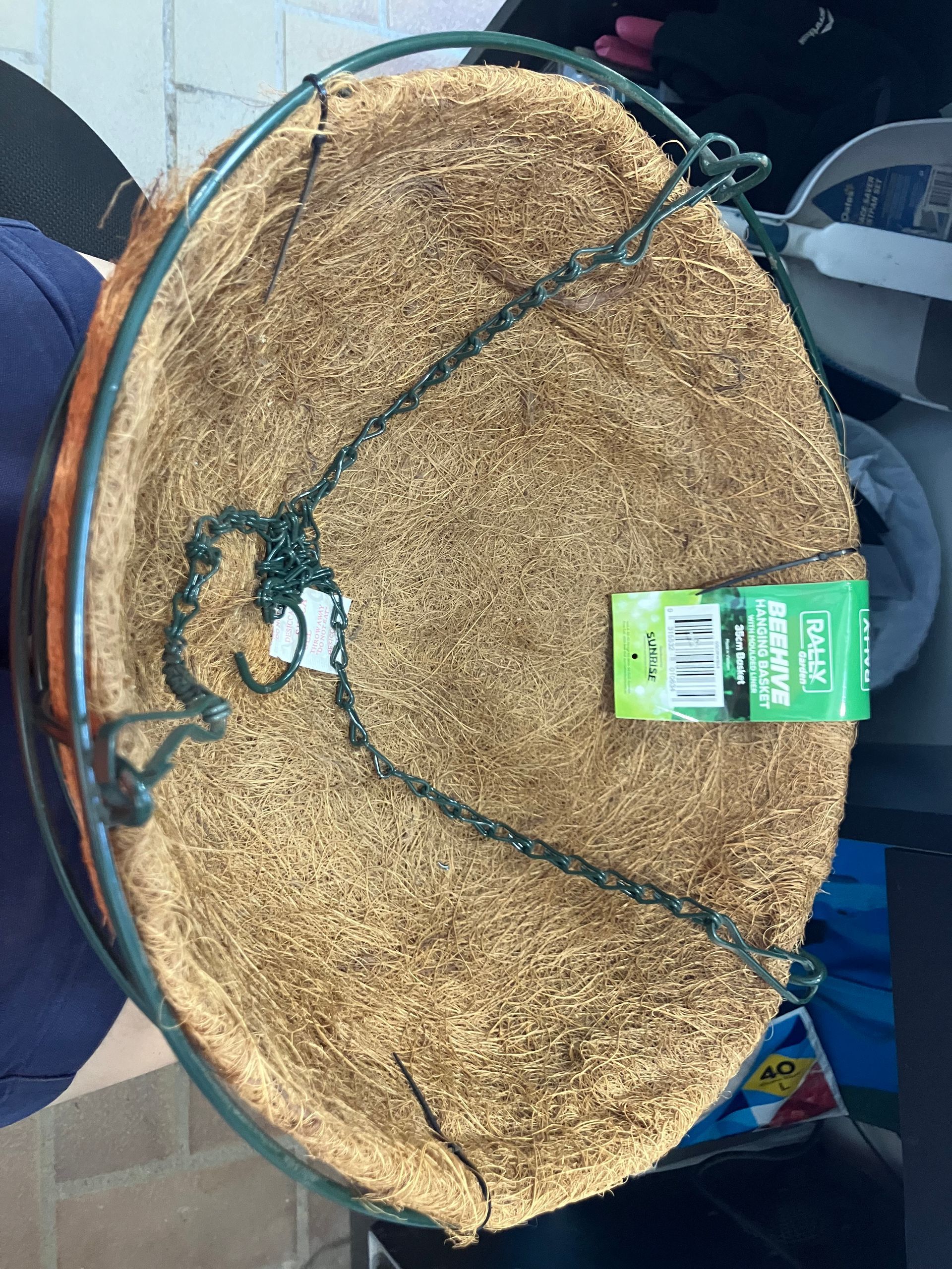 Hanging basket with a brown coconut fiber liner, metal frame, and chain. A green tag is attached.