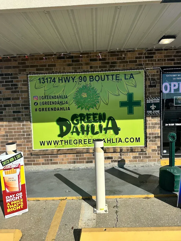 Green Dahlia pharmacy sign outside a brick storefront with entrance and sidewalk ramp pole