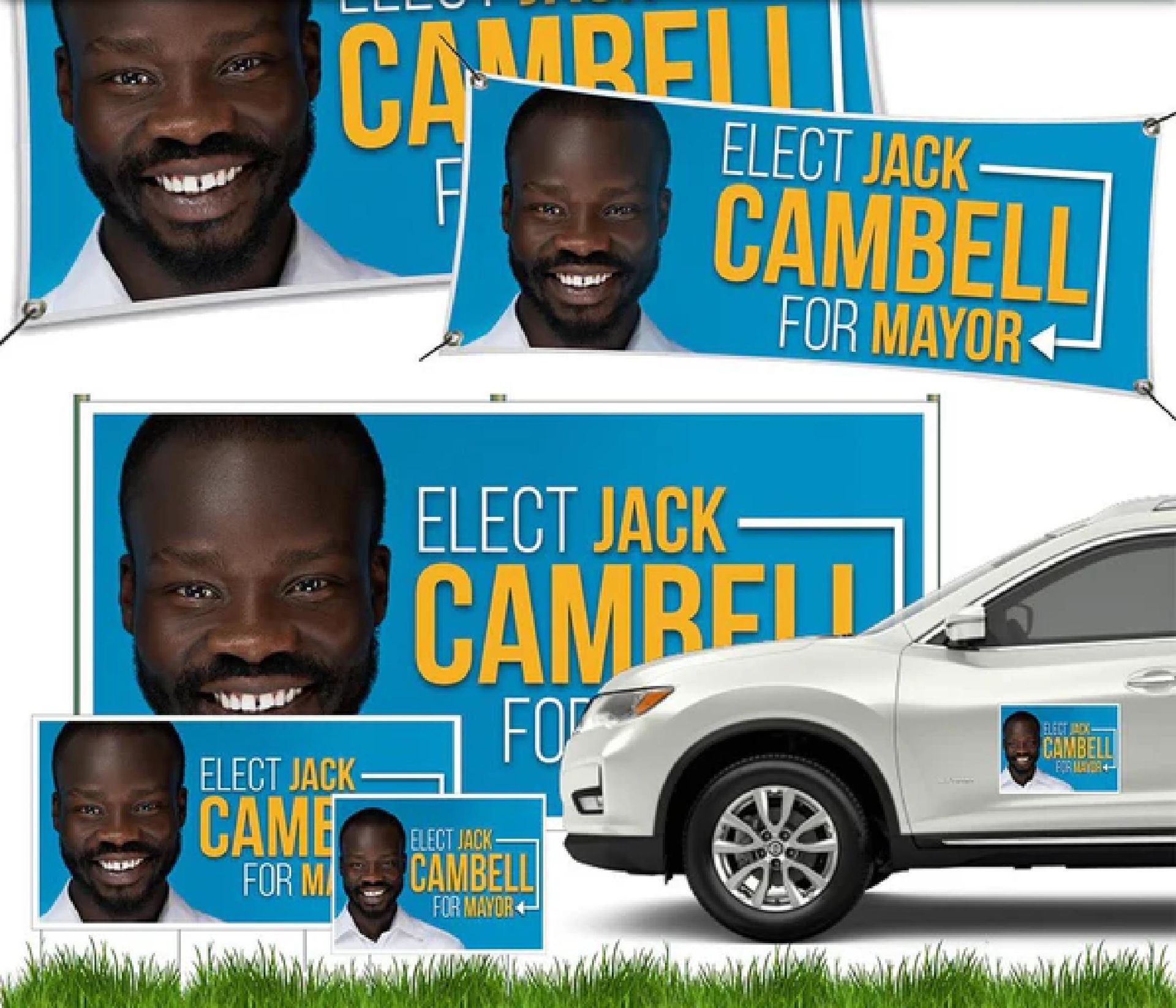 Campaign posters and car wrap reading “Elect Jack Campbell for Mayor” in blue and yellow.