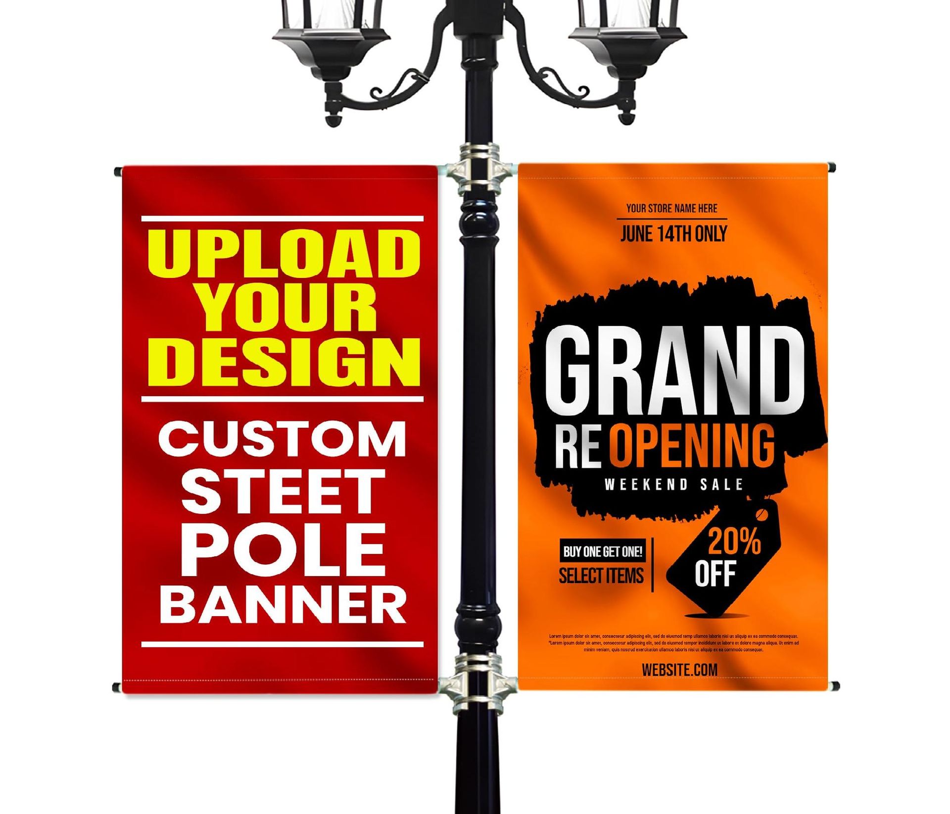 Two colorful street pole banners: red custom design banner and orange grand reopening banner