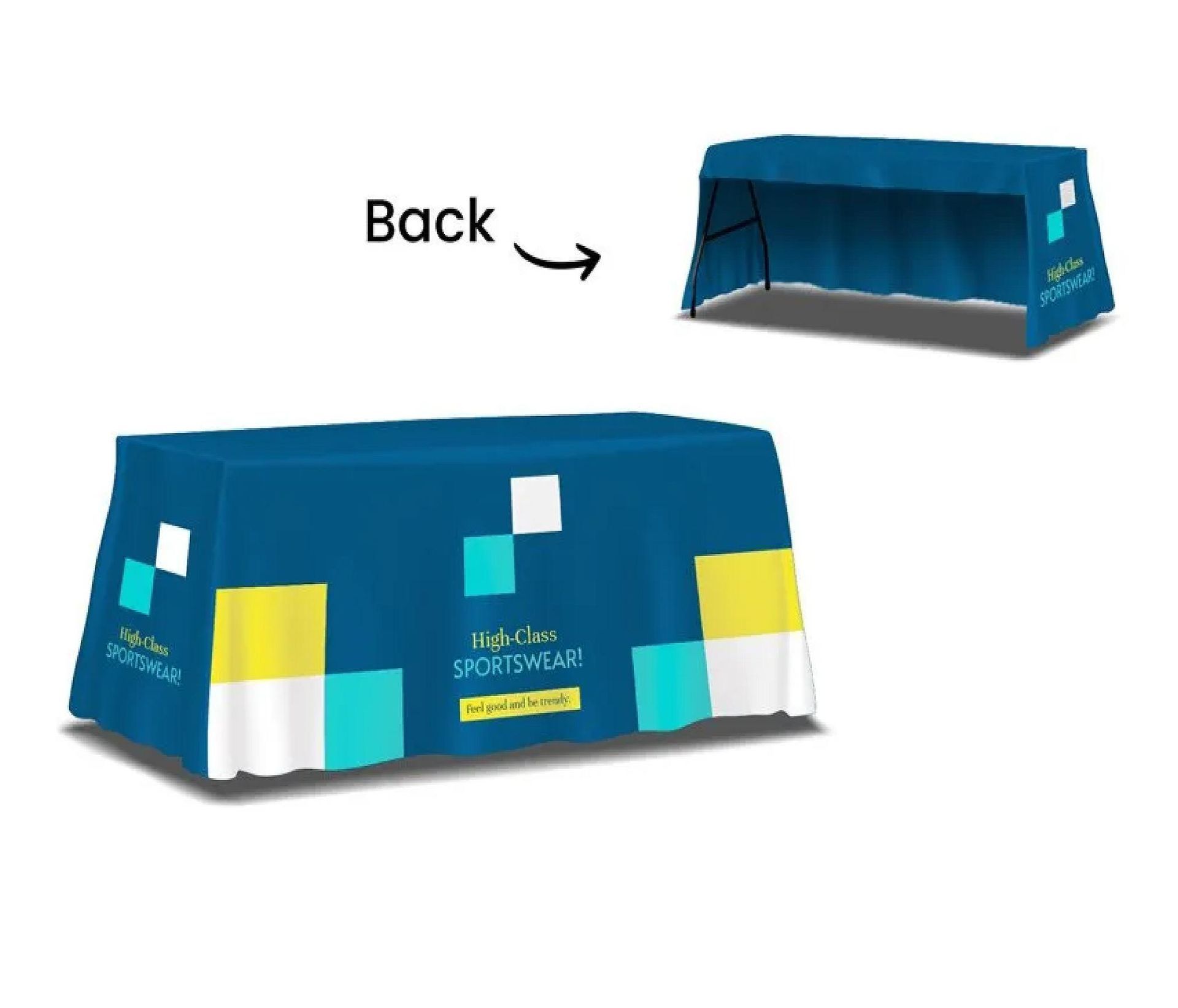 Blue branded event tent cover with colorful squares, shown from front and back views.