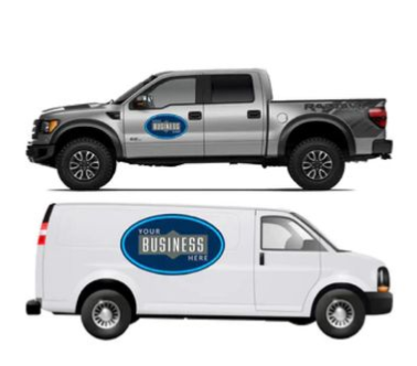 Silver pickup and white van with blue “Your Business” logos on a white background