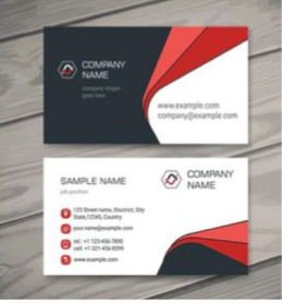 Two red, white, and black business card mockups on a gray wood surface