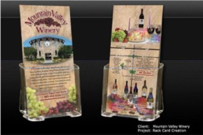 Two countertop brochure displays for Mountain Valley Winery, featuring wine bottles and vineyard photos