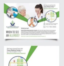 Clinic flyer with green accents: “When to see an allergist” and contact info for Texas Medical Center.