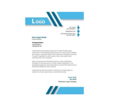 Blue-and-white business letter template with logo, contact details, and body text