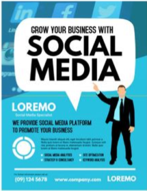 Blue social media marketing banner with a suited figure and bold text: “Grow your business with social media.”