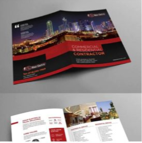 Tri-fold brochure for commercial construction, black and red cover with city skyline and interior pages visible