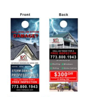 Two-sided roofing service flyer with storm-damaged house, phone number, and free inspection offer