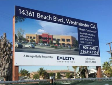 Large real estate sign for 14361 Beach Blvd, Westminster, CA, with “For Lease” and building rendering.