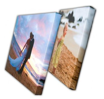 Two overlapping photo prints: a beach couple at sunset and a child on a sandy shore