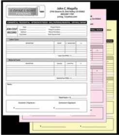 Stack of sample job cost record forms in white, pink, and yellow with lined sections and header labels.