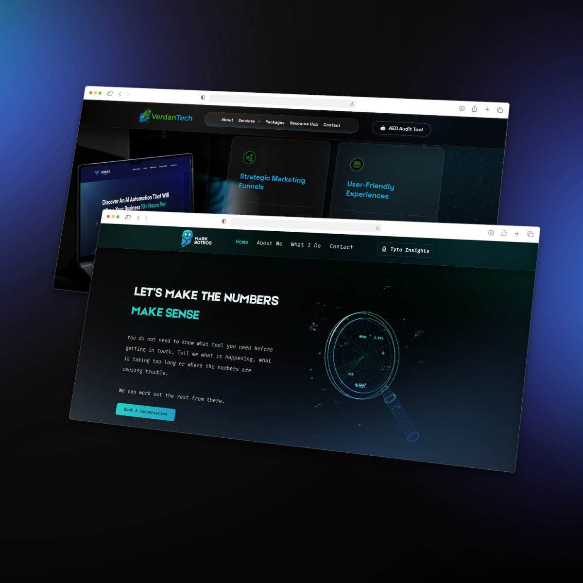 Website designs shown in browser mockups