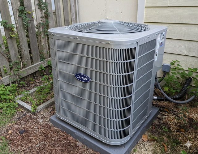 Carrier air conditioning unit outside a house.
