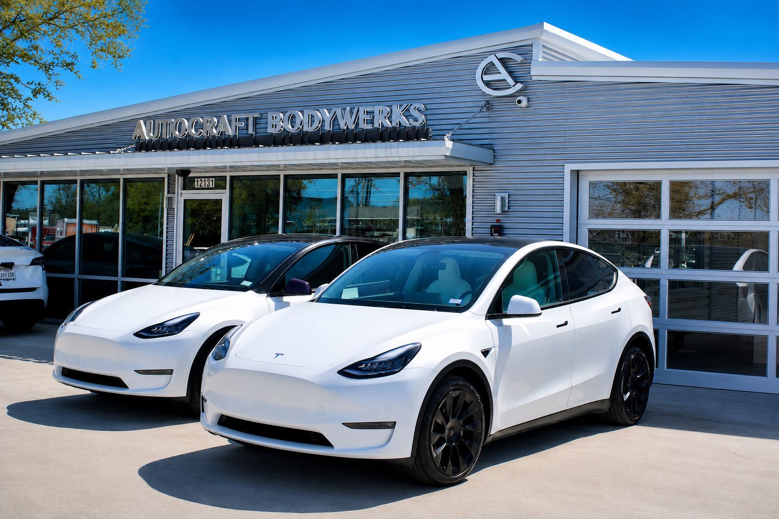 Two white Tesla cars parked in front of Autocraft Bodyworks, a gray building with a sign and a garage door.