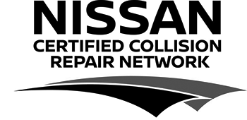 Nissan Certified Collision Repair Network logo with layered swoosh graphic.