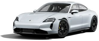 Silver Porsche Taycan electric car on white background.